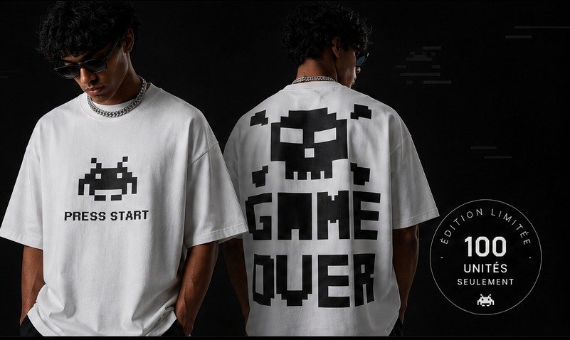 Deux modèles portant le t-shirt UNIQON Press Start, vues de face et de dos